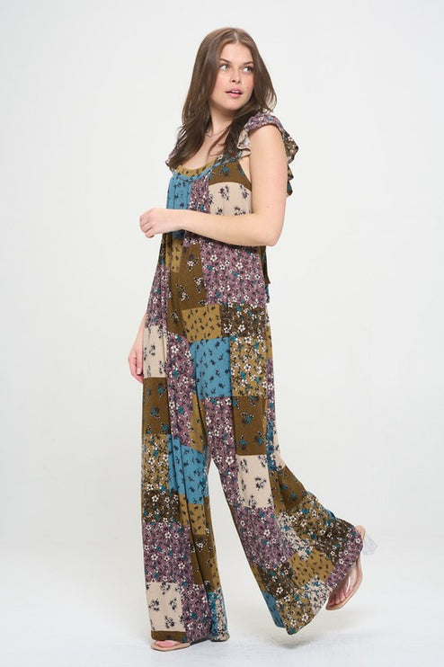 Boho Elegance Patchwork Ruffle Knit Maxi Jumpsuit