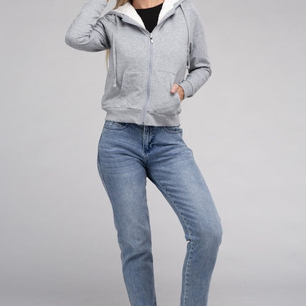 Cropped Fuzzy-Lined Zip-Up Hoodie with Long Sleeves