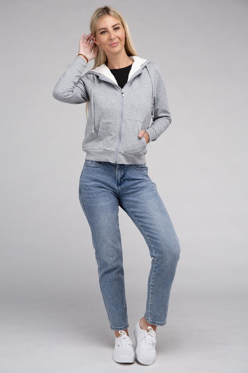 Cropped Fuzzy-Lined Zip-Up Hoodie with Long Sleeves