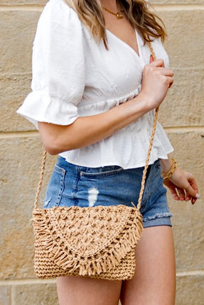Foldover Fringe Straw Crossbody Bag with Woven Strap