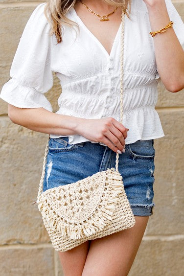 Foldover Fringe Straw Crossbody Bag with Woven Strap - Accessoriesforever