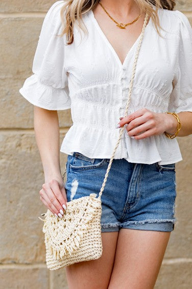Foldover Fringe Straw Crossbody Bag with Woven Strap
