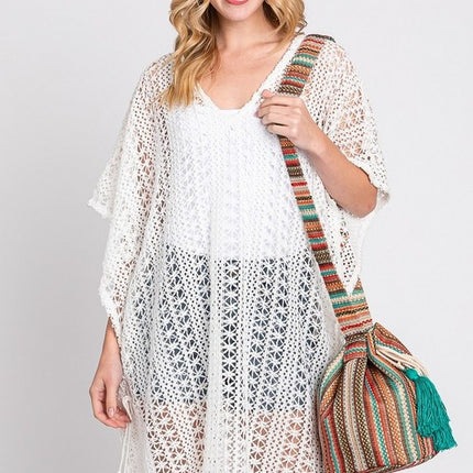Striped Cotton Tassel Boho Bucket Shoulder Crossbody Bag