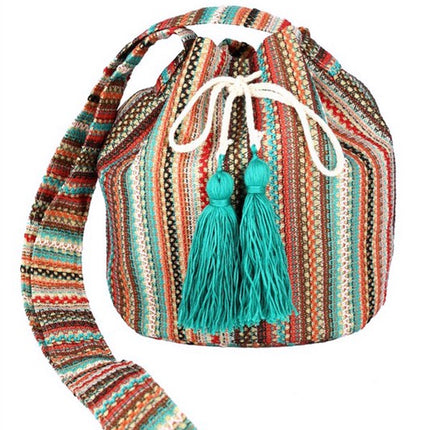 Striped Cotton Tassel Boho Bucket Shoulder Crossbody Bag