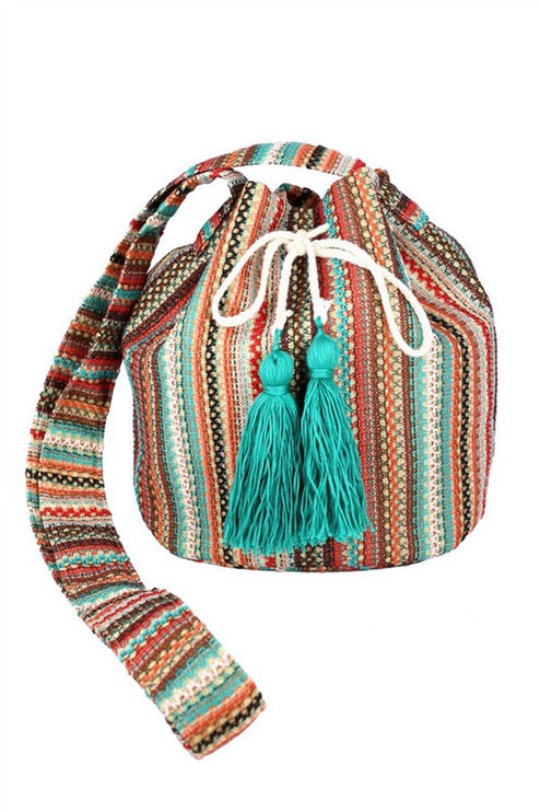 Striped Cotton Tassel Boho Bucket Shoulder Crossbody Bag