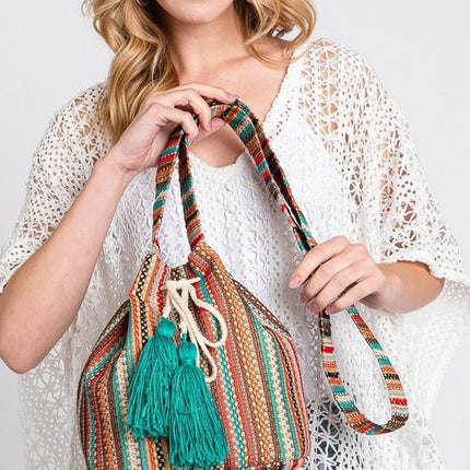 Striped Cotton Tassel Boho Bucket Shoulder Crossbody Bag