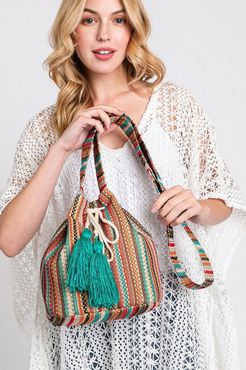 Striped Cotton Tassel Boho Bucket Shoulder Crossbody Bag
