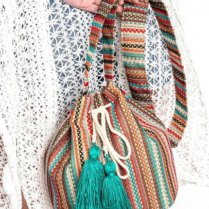 Striped Cotton Tassel Boho Bucket Shoulder Crossbody Bag