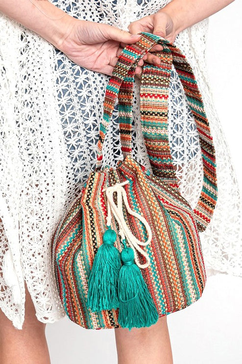 Striped Cotton Tassel Boho Bucket Shoulder Crossbody Bag