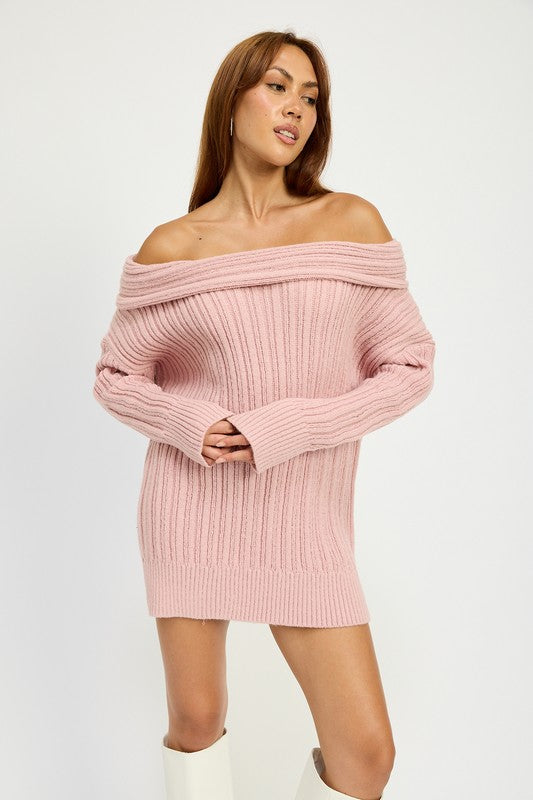 Cozy Elegant Ribbed Knit Oversized Off Shoulder Dress Sweater, Pink / M Cozy Elegant Ribbed Knit Oversized Off Shoulder Dress Sweater, Pink / M