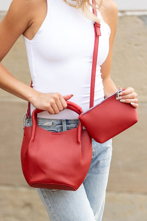 Soft Vegan Leather Bucket Crossbody Tote Bag  with Removable Strap & Mini Pouch