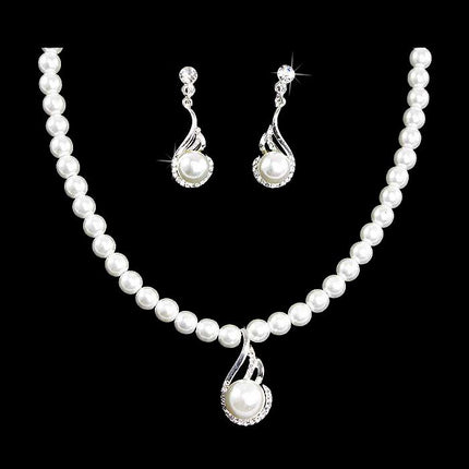 Bridal Wedding Jewelry Set Crystal Pearl Exquisite Necklace Silver - Accessoriesforever