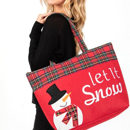 Charming "Let It Snow!" Oversized Tote with Plaid Snowman Design