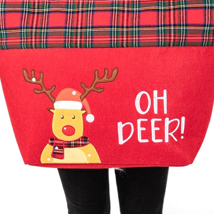 Festive "Oh Deer!" Oversized Tote Bag with Plaid Trim - Perfect for Holiday Shopping
