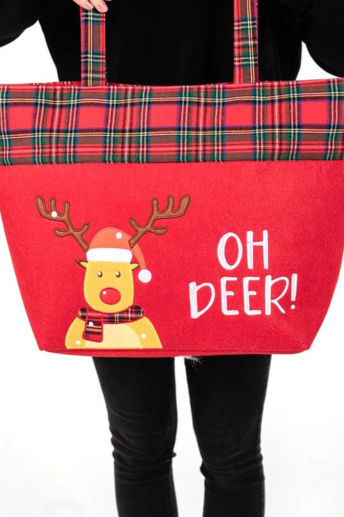 Festive "Oh Deer!" Oversized Tote Bag with Plaid Trim - Perfect for Holiday Shopping - Accessoriesforever