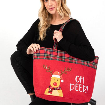 Festive "Oh Deer!" Oversized Tote Bag with Plaid Trim - Perfect for Holiday Shopping