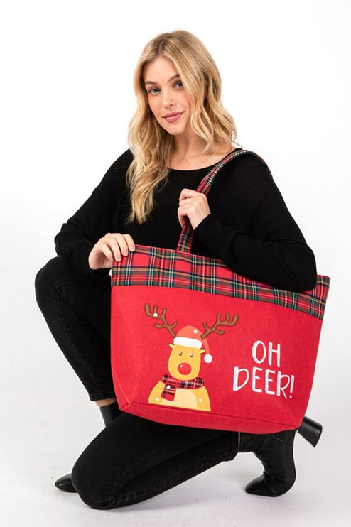 Festive "Oh Deer!" Oversized Tote Bag with Plaid Trim - Perfect for Holiday Shopping - Accessoriesforever