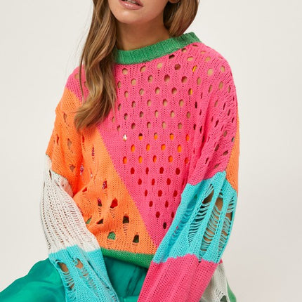 Colorful Open Knit Design Detailed Pullover Fashion Top Sweater