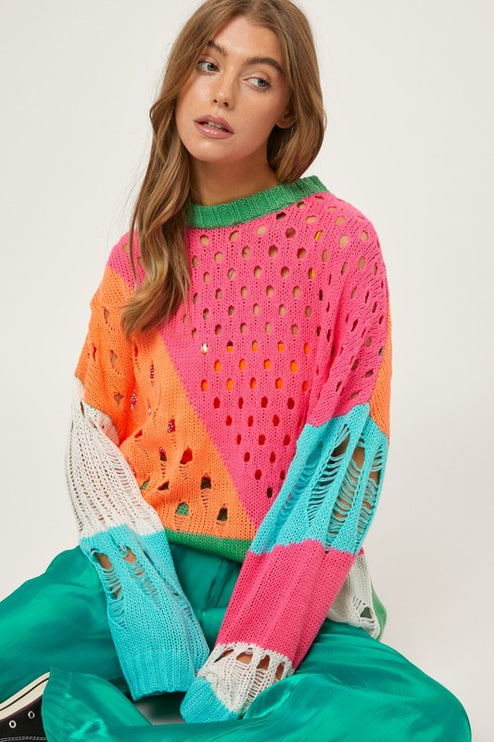 Colorful Open Knit Design Detailed Pullover Fashion Top Sweater