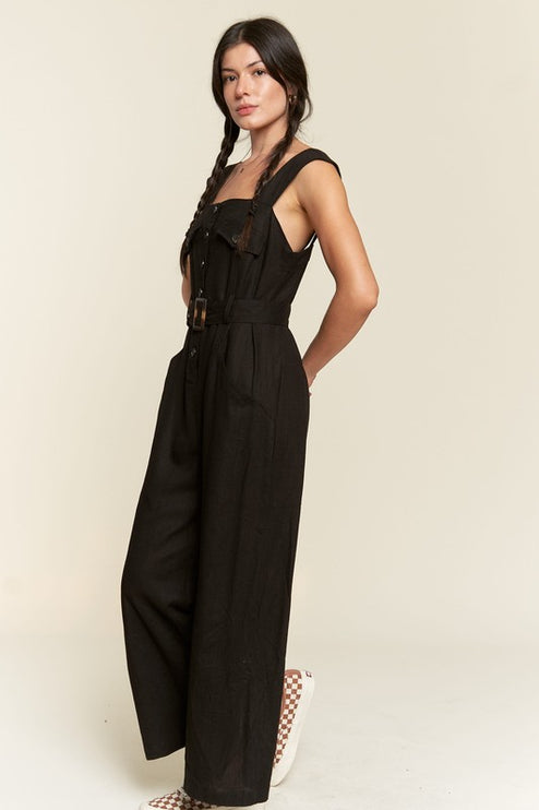 Linen Blend Jumpsuit with Belt and Multiple Pockets - Accessoriesforever