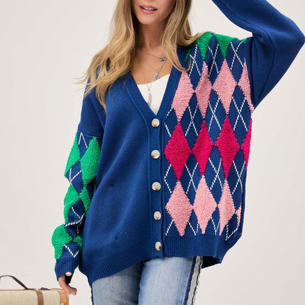 Cozy Argyle Pattern Design Button Front Loose Fit Knit Sweater Cardigan - Accessoriesforever