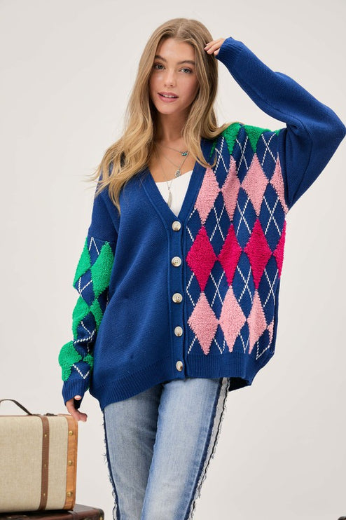 Cozy Argyle Pattern Design Button Front Loose Fit Knit Sweater Cardigan