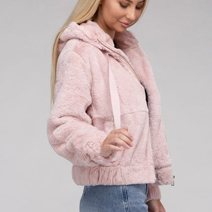 Plush Cropped Teddy Hoodie with Zip-Up Front and Drawstring Hood