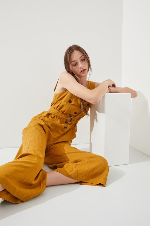 Linen Blend Jumpsuit with Belt and Multiple Pockets - Accessoriesforever