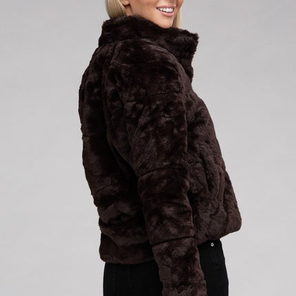 Fluffy Zip-Up Sweater Jacket with Collar and Pockets