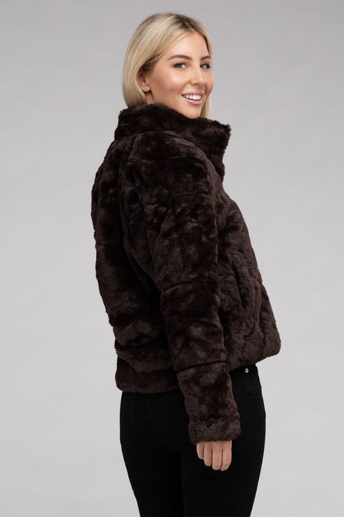 Fluffy Zip-Up Sweater Jacket with Collar and Pockets