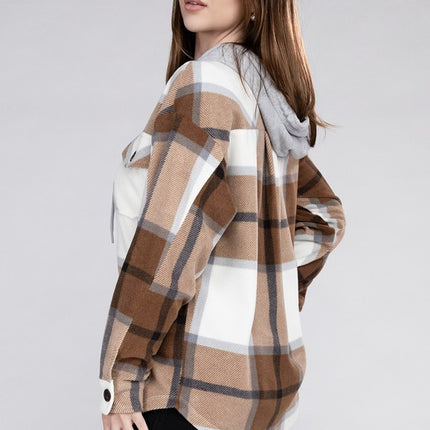 Comfy Casual Plaid Drawstring Hooded Fleece Shacket - Accessoriesforever
