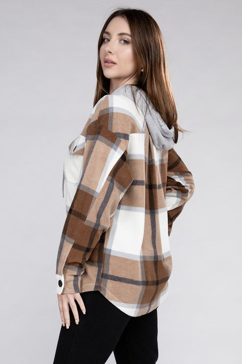 Comfy Casual Plaid Drawstring Hooded Fleece Shacket