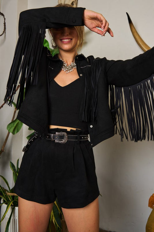 Boho Suede Fringe Jacket with Stud Details and Button Front