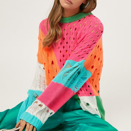 Colorful Open Knit Design Detailed Pullover Fashion Top Sweater