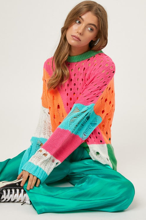 Colorful Open Knit Design Detailed Pullover Fashion Top Sweater