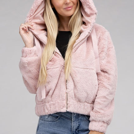 Plush Cropped Teddy Hoodie with Zip-Up Front and Drawstring Hood
