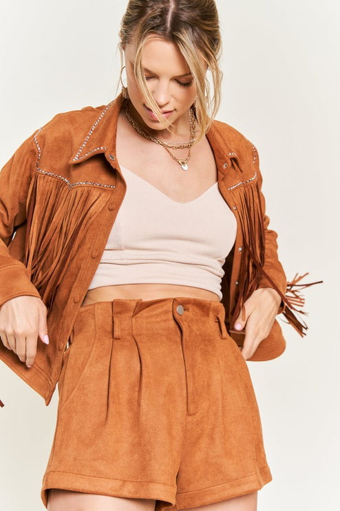Boho Suede Fringe Jacket with Stud Details and Button Front