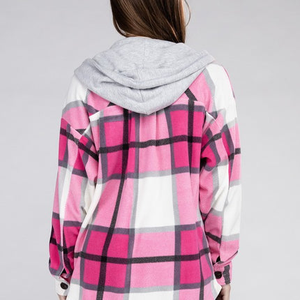 Comfy Casual Plaid Drawstring Hooded Fleece Shacket - Accessoriesforever