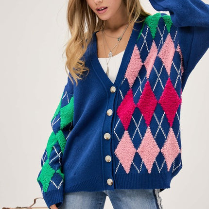 Cozy Argyle Pattern Design Button Front Loose Fit Knit Sweater Cardigan - Accessoriesforever