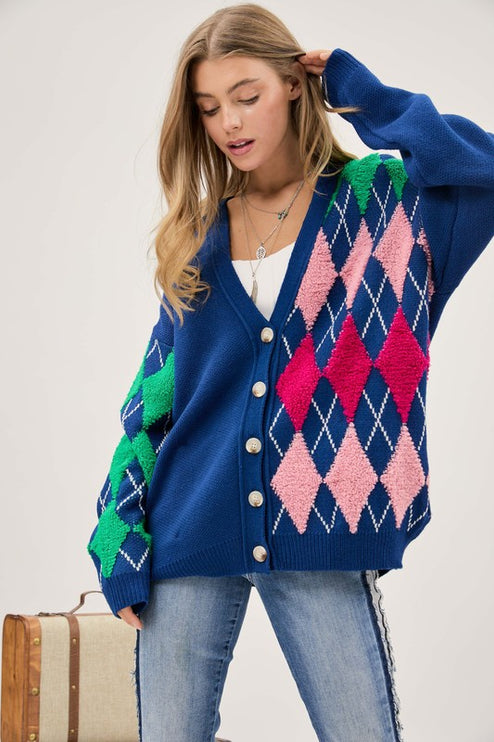 Cozy Argyle Pattern Design Button Front Loose Fit Knit Sweater Cardigan