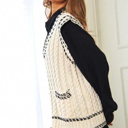 Fashion V-Neck Sleeveless Pocket Detail Design Knit Sweater Vest - Accessoriesforever