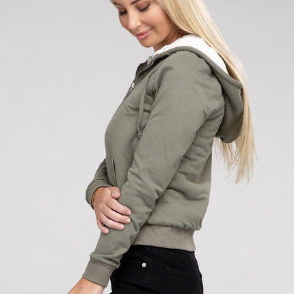 Cropped Fuzzy-Lined Zip-Up Hoodie with Long Sleeves
