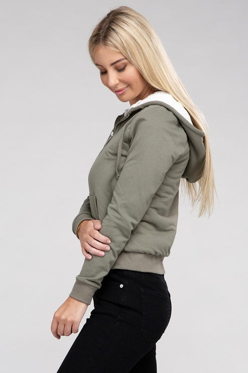Cropped Fuzzy-Lined Zip-Up Hoodie with Long Sleeves