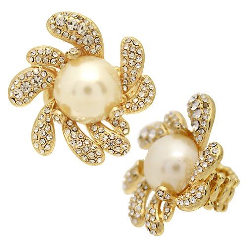 Pearl Accented Swirly Crystal Pave Flower Stretch Ring
