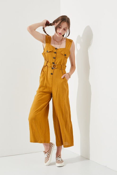Linen Blend Jumpsuit with Belt and Multiple Pockets - Accessoriesforever