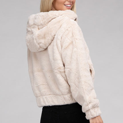 Plush Cropped Teddy Hoodie with Zip-Up Front and Drawstring Hood