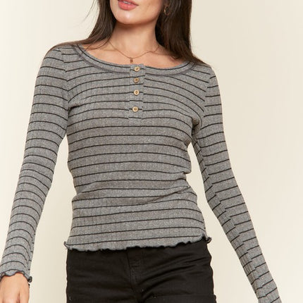 Casual Classic Button Detail Round Neck Striped Fashion Top