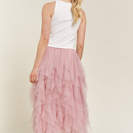 Elegant Layered Polka Dot Mesh A-Line Elastic Waist Midi Skirt