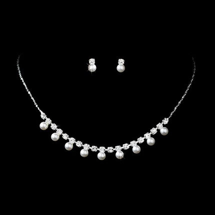 Bridal Wedding Jewelry Set Crystal Rhinestone Elegant Pearl Necklace Silver - Accessoriesforever