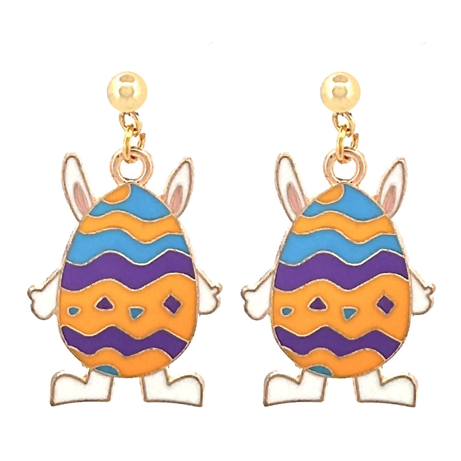 Easter Egg Bunny Enameled Charm 24K Gold Plated Hypoallergenic Stud Post Dangle Earrings Purple Orange